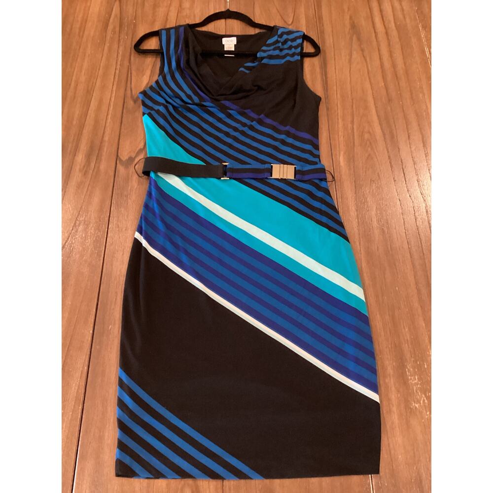 Cache Drape Neck Black White Blue Teal Diagonal Stripe sleeveless Y2K Dress  M